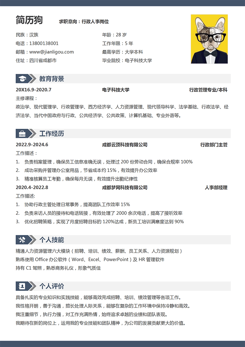 行政人事岗位简历模板