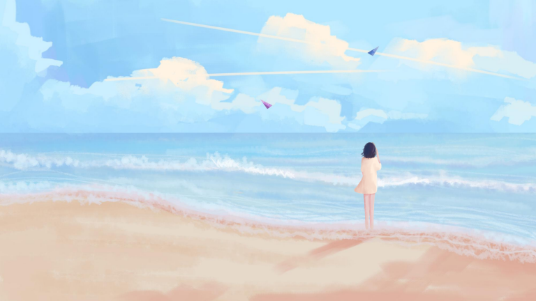 水彩海边沙滩女孩背景素材